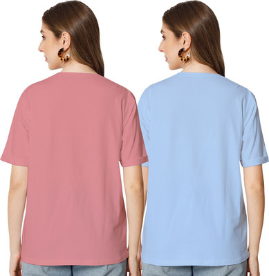 SHAUN Self Design Women Round Neck Pink, Light Blue T-Shirt