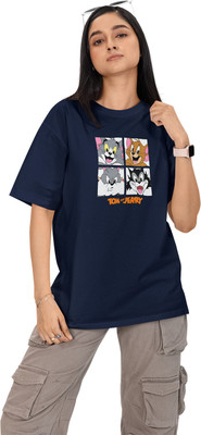 wardorbe choice Geometric Print, Graphic Print, Cartoon, Printed Women Crew Neck Navy Blue T-Shirt