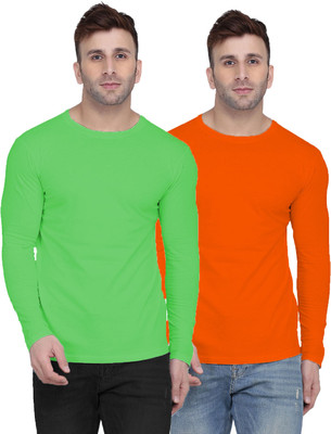 Kroptee Solid Men Round Neck Green, Orange T-Shirt