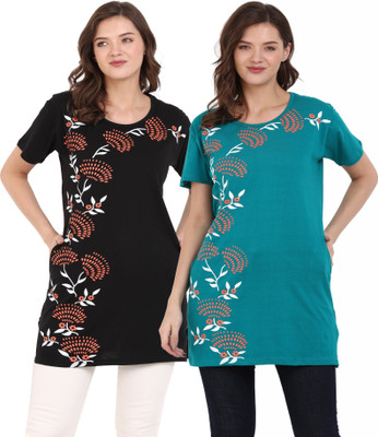 KG Best Collection Printed Women Round Neck Black, Light Green T-Shirt