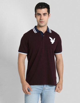 American Eagle Solid, Embroidered Men Polo Neck Maroon T-Shirt