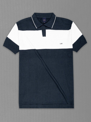 french crown Solid Men Polo Neck White, Navy Blue T-Shirt