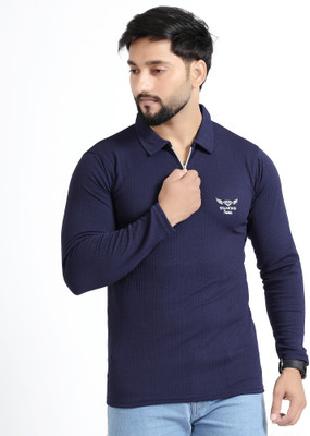 Diamond Fashion Solid Men Zip Neck Navy Blue T-Shirt