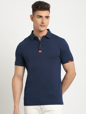 THE BEAR HOUSE Solid Men Polo Neck Navy Blue T-Shirt