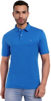 one sky Solid Men Polo Neck Blue T-Shirt