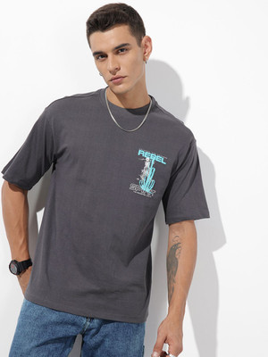 Roadster Printed Men Round Neck Grey T-Shirt