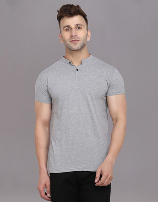 GEUM Solid Men Mandarin Collar Grey T-Shirt