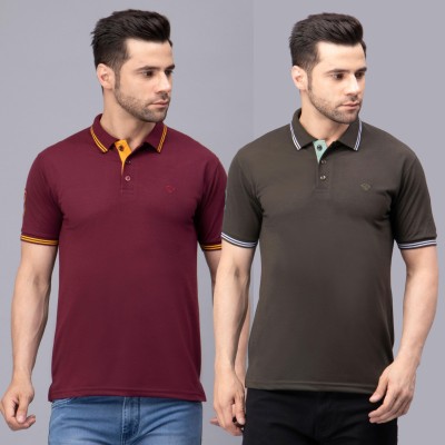 We Perfect Solid Men Polo Neck Maroon, Green T-Shirt