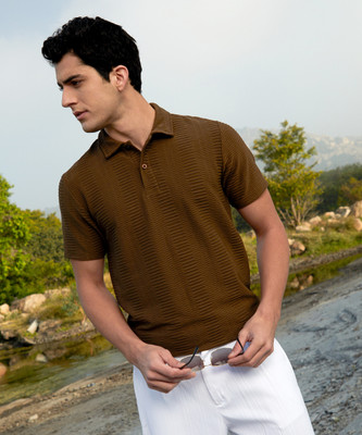 CAMPUS SUTRA Striped Men Polo Neck Brown T-Shirt