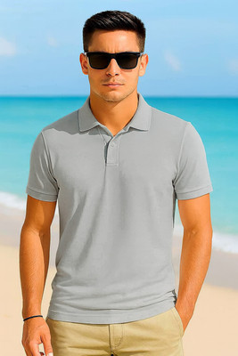 HilGar Solid Men Polo Neck Grey T-Shirt