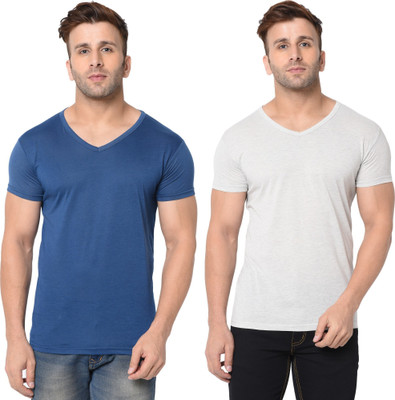 Tresna Fab Solid Men V Neck Dark Blue, Grey T-Shirt