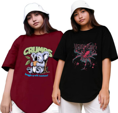 Xsware Printed Women Round Neck Maroon, Black T-Shirt
