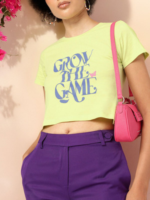 Dressberry Printed Women Round Neck Green T-Shirt