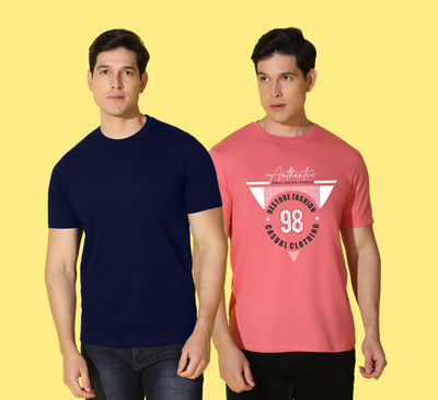 WOOSTRO Printed Men Round Neck Blue, Pink T-Shirt