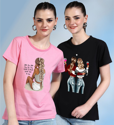 METRONAUT Printed Women Round Neck Pink, Black T-Shirt