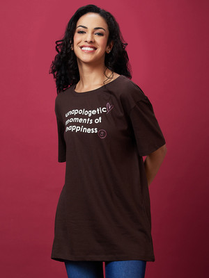 Globus Printed Women Round Neck Brown T-Shirt