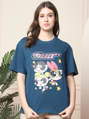 DreamBe Printed Women Round Neck Navy Blue T-Shirt