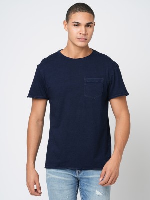 Leean Patterns Solid Men Round Neck Navy Blue T-Shirt