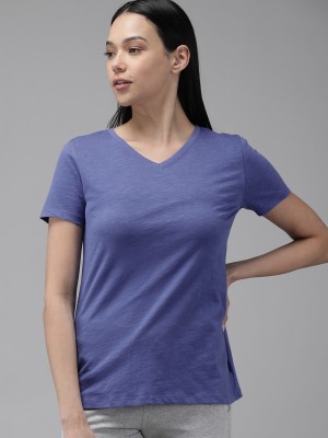 VAN HEUSEN Solid Women V Neck Blue T-Shirt
