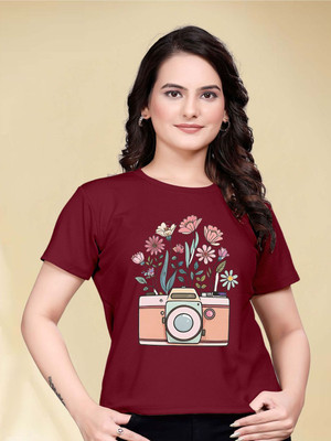Moda Rapido Printed Women Round Neck Maroon T-Shirt