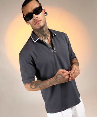 CAMPUS SUTRA Self Design Men Polo Neck Grey T-Shirt