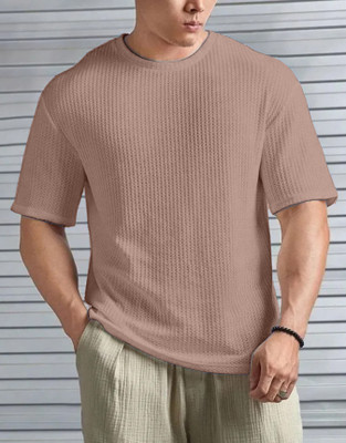 KAJARU Self Design Men Round Neck Brown T-Shirt