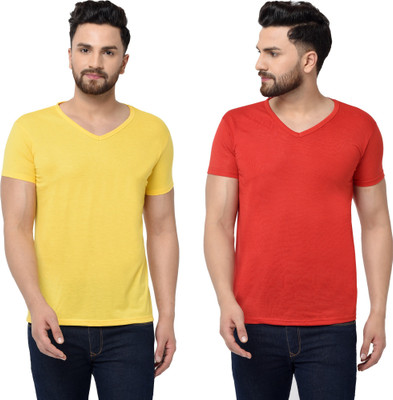 Tresna Trending Solid Men V Neck Red, Yellow T-Shirt