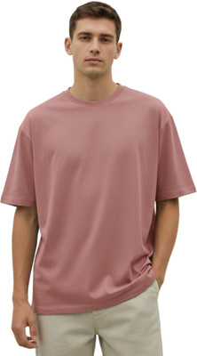 De Outfitz Solid Men Round Neck Pink T-Shirt