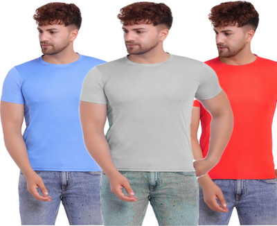 KASPY Solid Men Round Neck Light Blue, Red, Grey T-Shirt