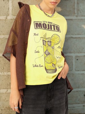 Dressberry Printed Women Round Neck Yellow, Brown T-Shirt