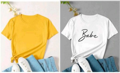 Tdoc Solid Women Round Neck Yellow, White T-Shirt