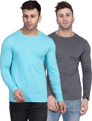 Kroptee Solid Men Round Neck Light Blue, Grey T-Shirt