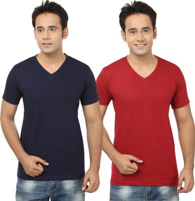 Tresna Fab Self Design, Solid Men V Neck Dark Blue, Maroon T-Shirt