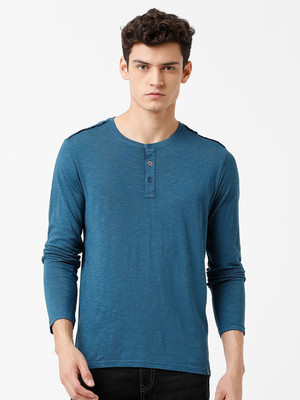 WROGN Self Design Men Henley Neck Blue T-Shirt