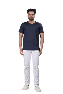BOLD & BEAUTY Solid Men Round Neck Navy Blue T-Shirt
