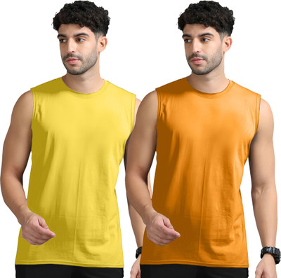 Moordale Solid Men Round Neck Yellow, Orange T-Shirt