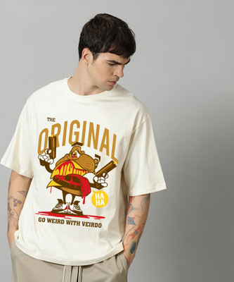 Veirdo Printed Men Round Neck Beige T-Shirt