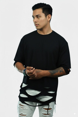 R World Solid Men Round Neck Black T-Shirt