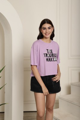 TOM AND JERRY by DreamBe Printed, Typography Women Round Neck Purple T-Shirt
