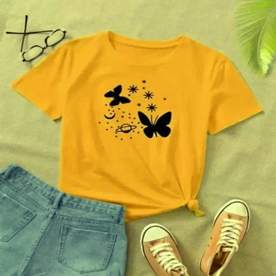 SAHAL FASHION Printed Women Round Neck Yellow T-Shirt