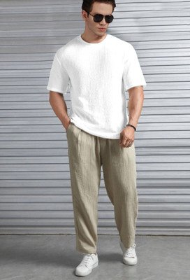 R ARHAN Self Design Men Round Neck White T-Shirt