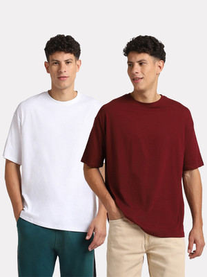NOBERO Solid Men Round Neck White, Maroon T-Shirt