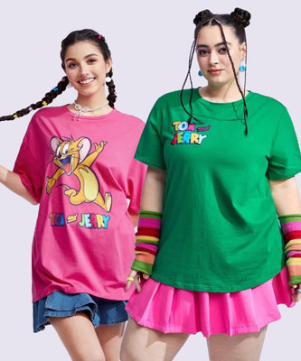 TOM AND JERRY by DreamBe Printed Women Round Neck Multicolor T-Shirt