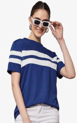 Prakash Striped Women Round Neck White, Dark Blue T-Shirt