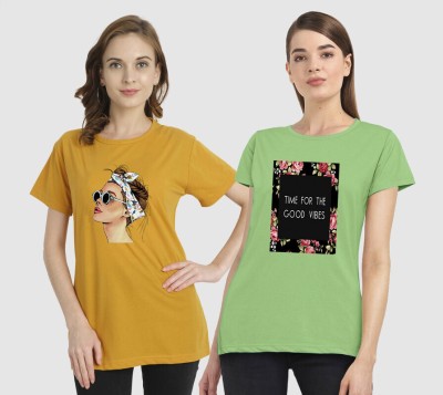 METRONAUT Printed Women Round Neck Yellow, Dark Green T-Shirt