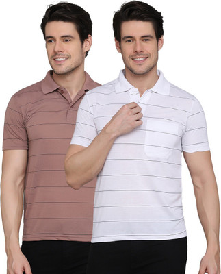 INKKR Striped Men Polo Neck White, Brown T-Shirt