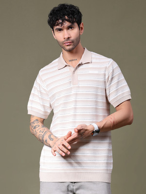 V-MART Striped Men Polo Neck White T-Shirt