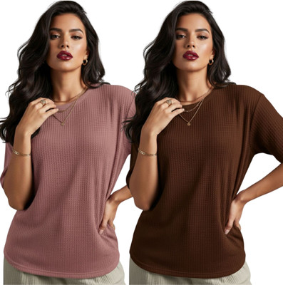 Aqualoom Solid Women Round Neck Brown, Purple T-Shirt