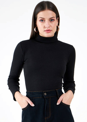 SR Fashion Solid Women High Neck Black T-Shirt