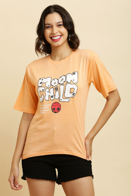 Purser Printed Women Round Neck Beige T-Shirt